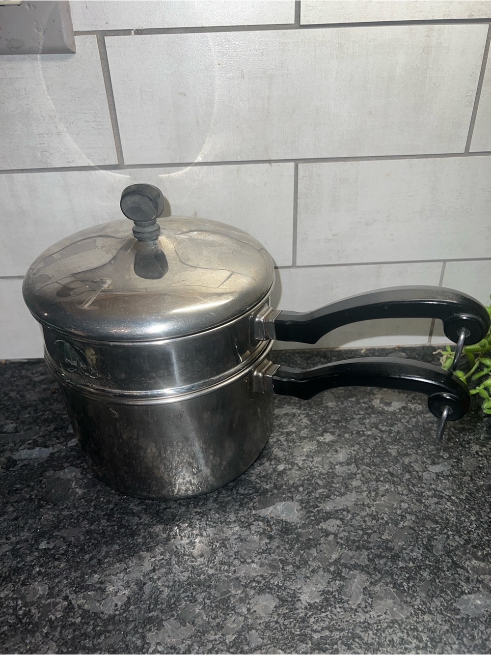 Vintage Farberware Stainless Steel Double Boiler Saucepan Black Handles 2 1/2 qt